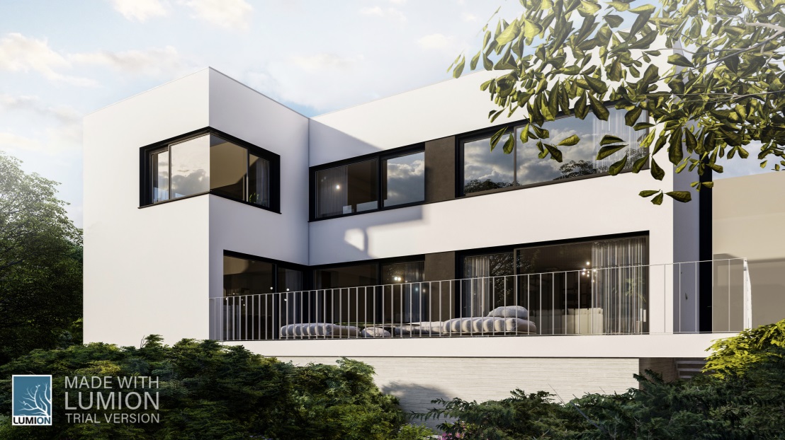 Wizualizacja zewnętrzna - nowoczesna architektura z przeszkleniami